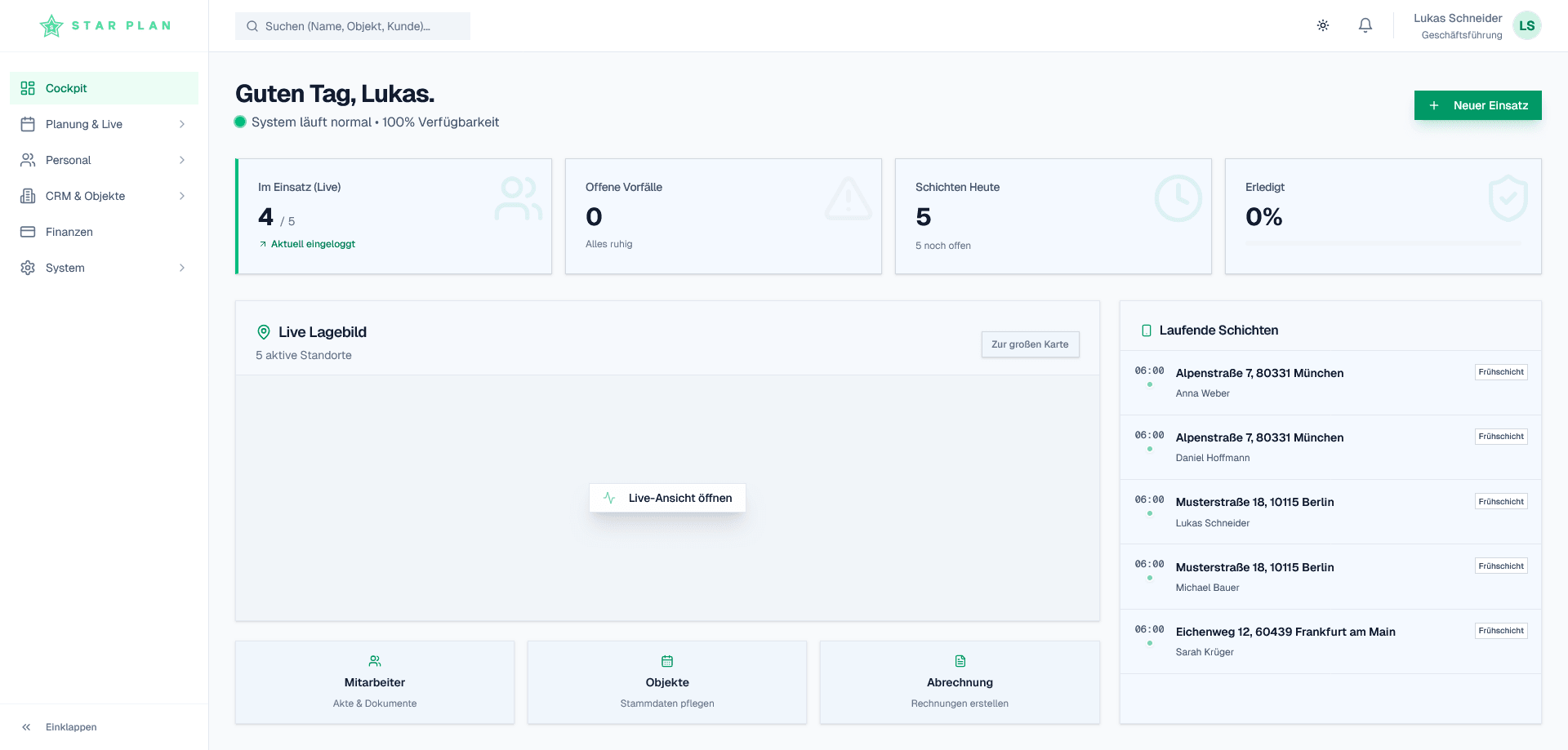 starPlan Dashboard - Schichtplanung und Wächterkontrollsystem Software Interface
