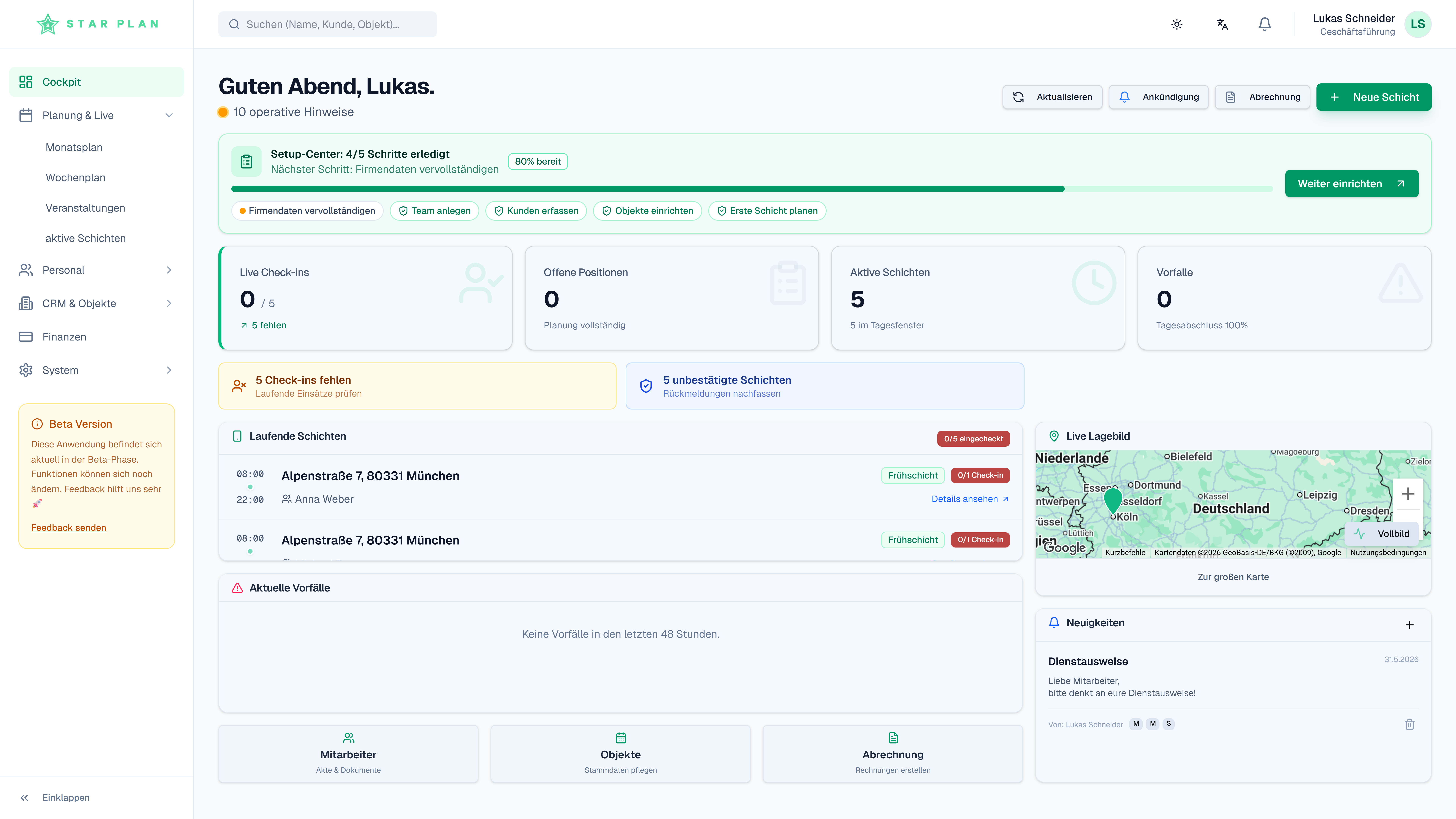 starPlan Dashboard - Schichtplanung und Wächterkontrollsystem Software Interface